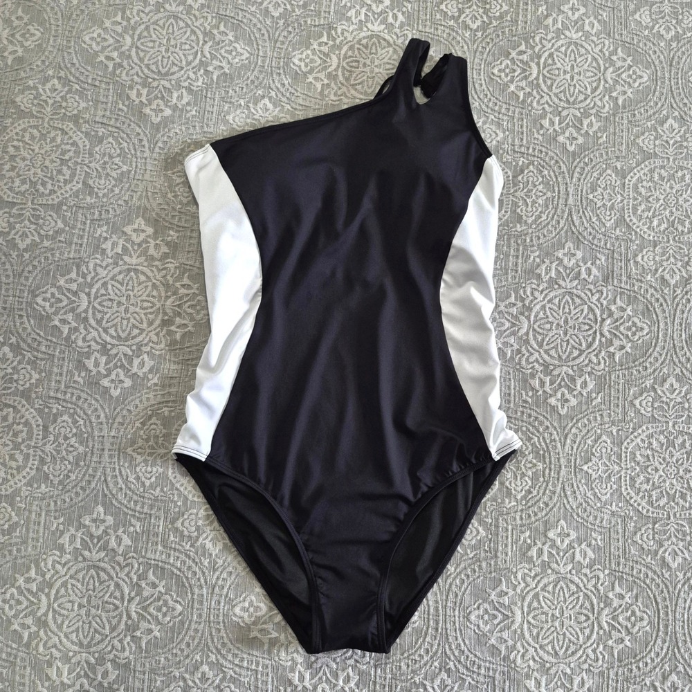 Holipick Womens One Shoulder One Piece Swimsuit Black White Colorblock Size L